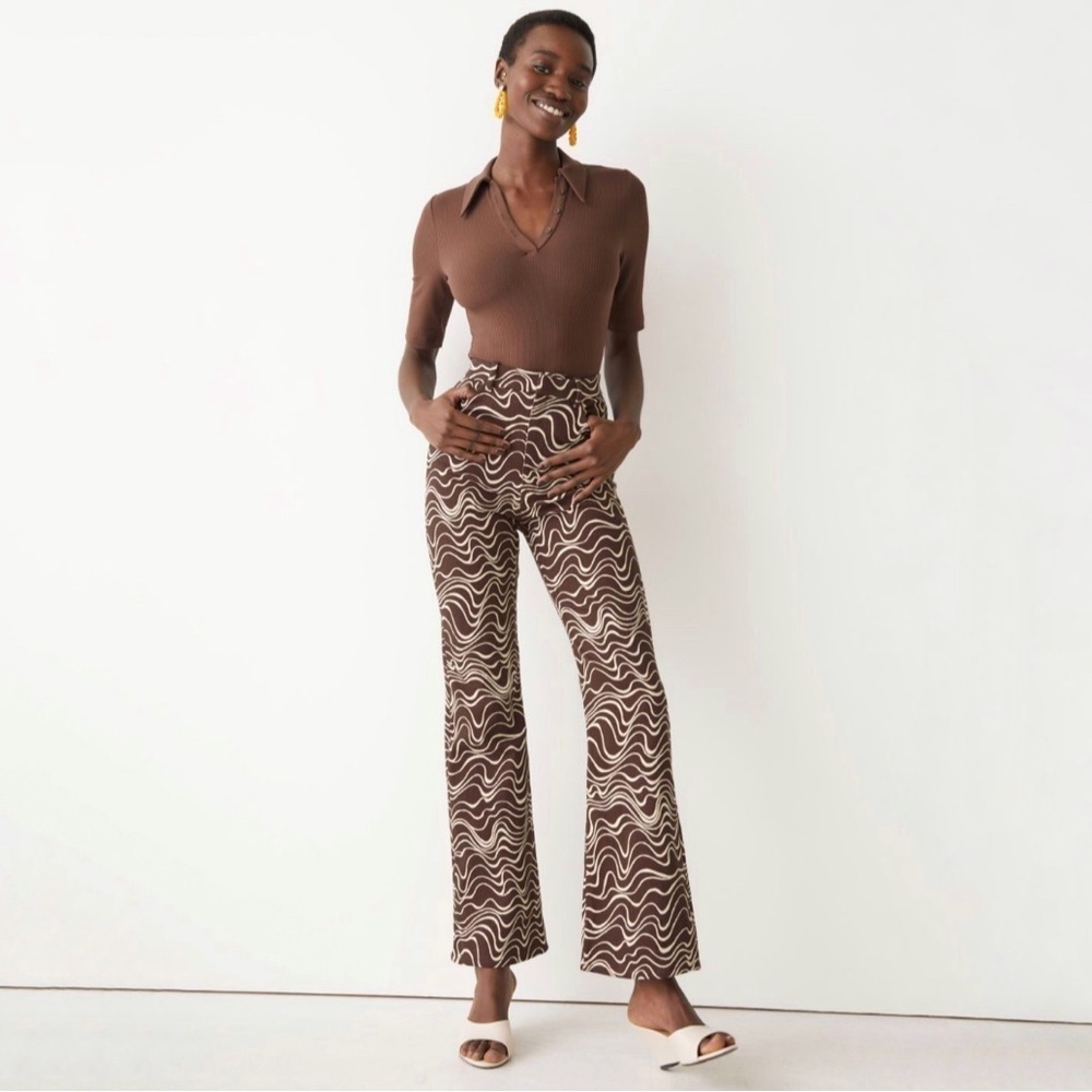 NWT & Other Stories Printed Kick Flare Trousers Twill Cotton Pant Brown Wave 4